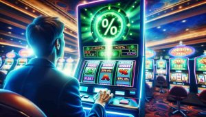 En person som spiller casino slot maskin med et prosent tall på maskinen som indikerer spillets RTP