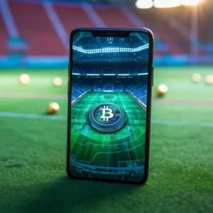 Phone on a soccer pitch with bitcoin