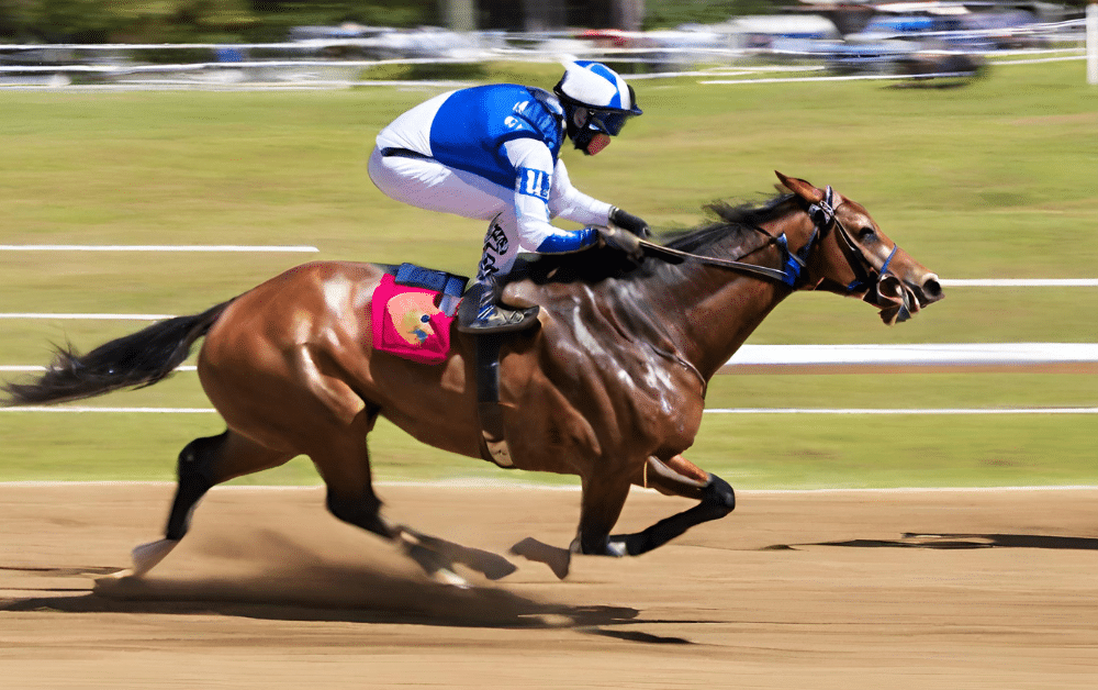 Hest med jockey løper på bane