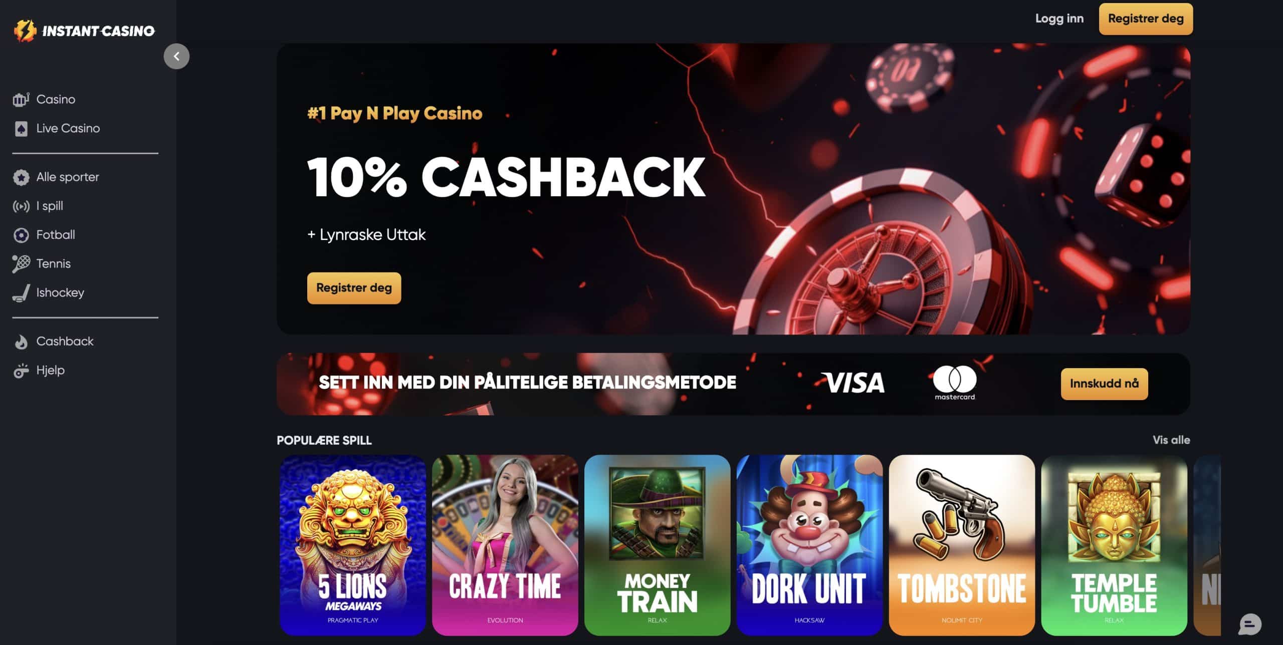 Instant casino anmeldelse nettside med 10 % cashback velkomstbonus og registreringsknapp