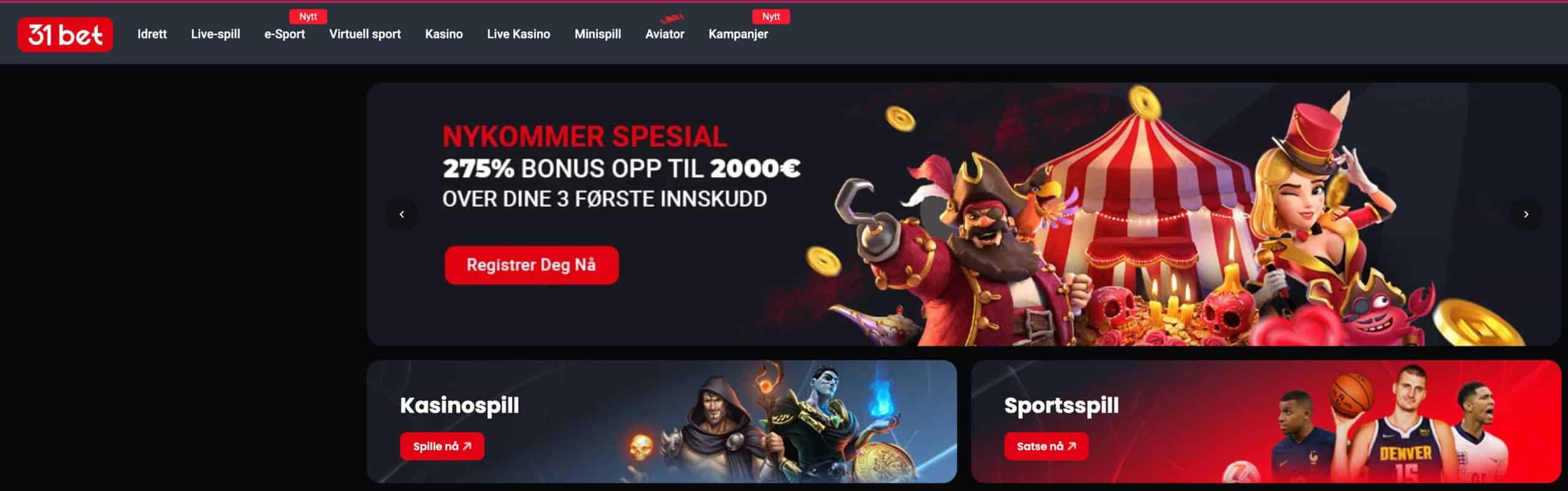 31bet casino forside med velkomstbonus