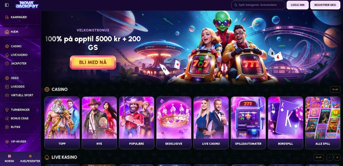 novajackpot casino nettside med velkomstbonus 100 % opptil 5000 kr + 200 GS