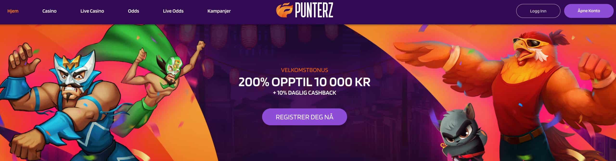 punterz casino forside med bonus tilbud for nye spillere