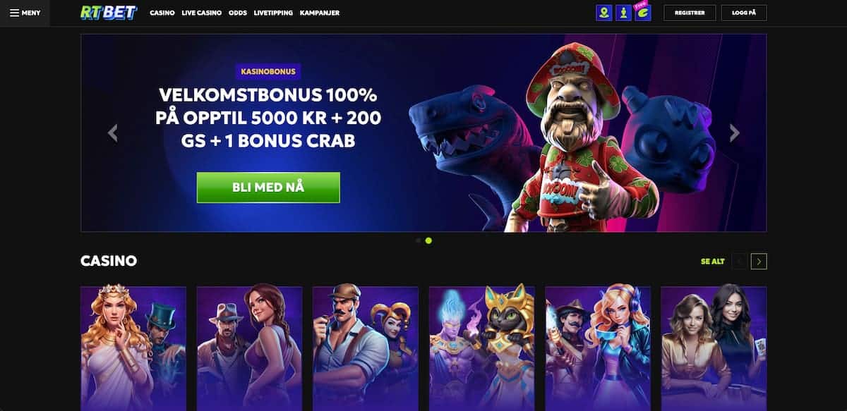 RTBet norsk casino nettside for registrering og bonus på 100 % opptil 5000 kr + 200 GS + 1 bonuskrabbe