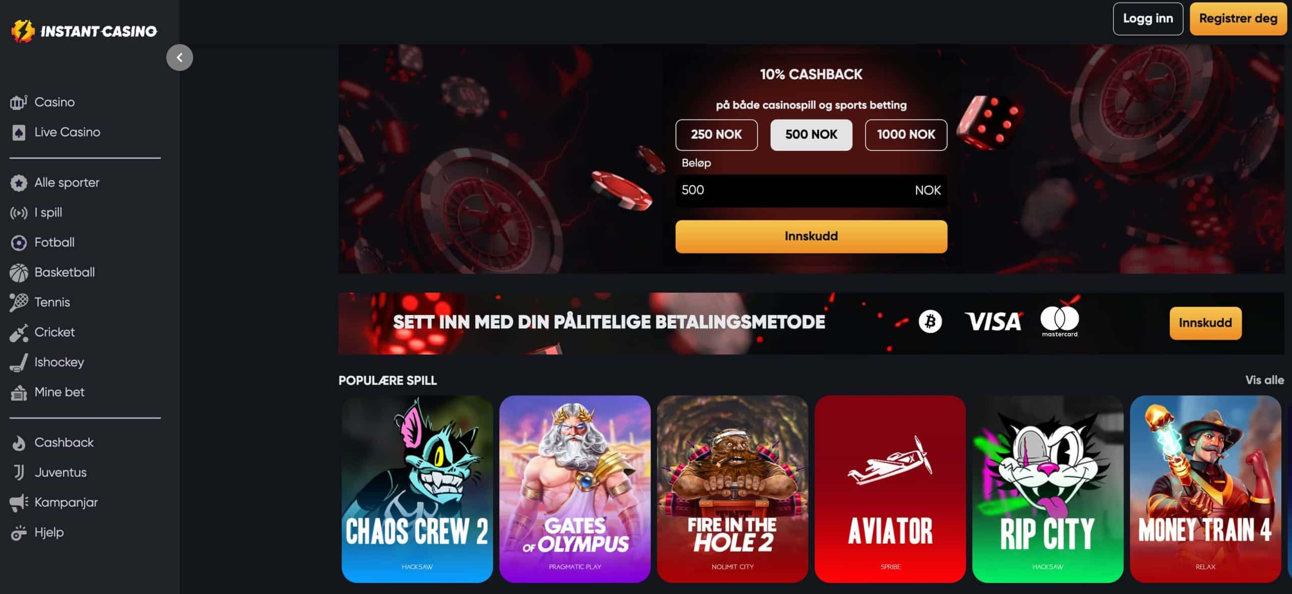 instant casino norge forside med bonus