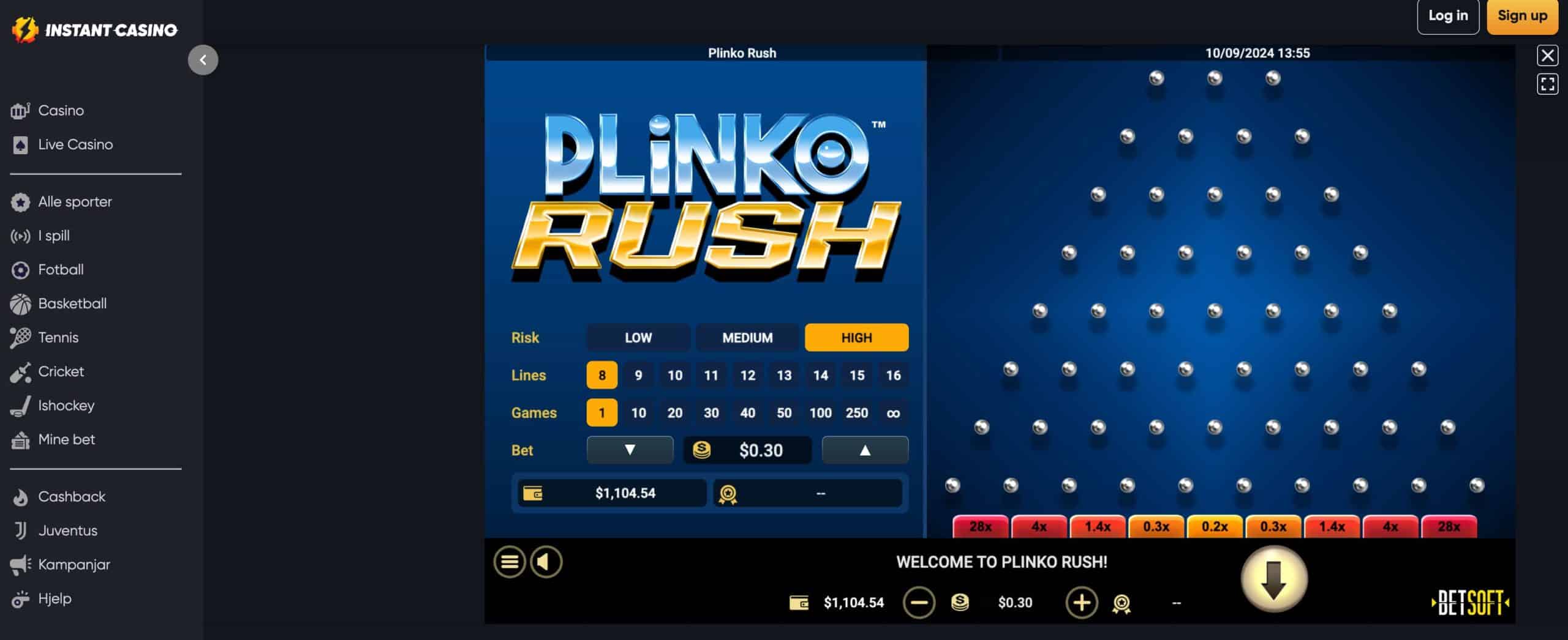 Plinko Rush fra betsoft på Instant Casino