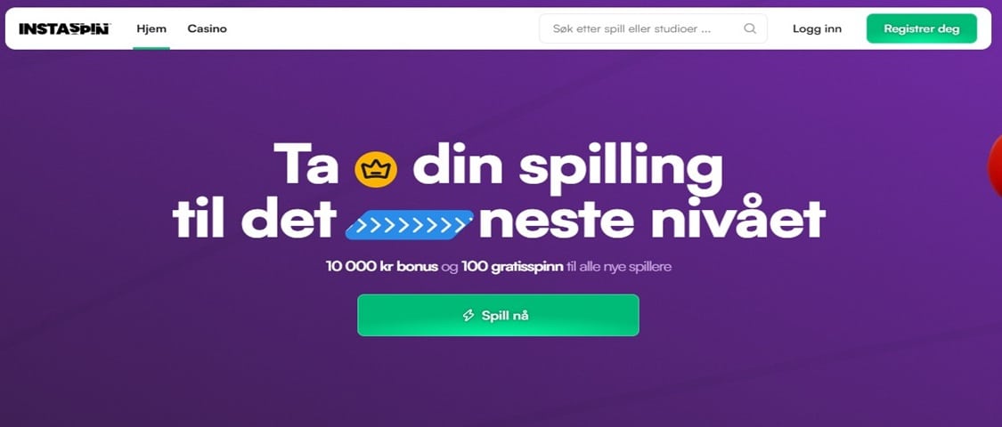 instaspin spillside som viser tilgjengelig bonus for norske spillere