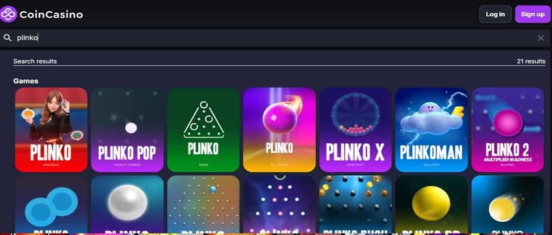 viser komplett utvalg av Plinko spill coincasino