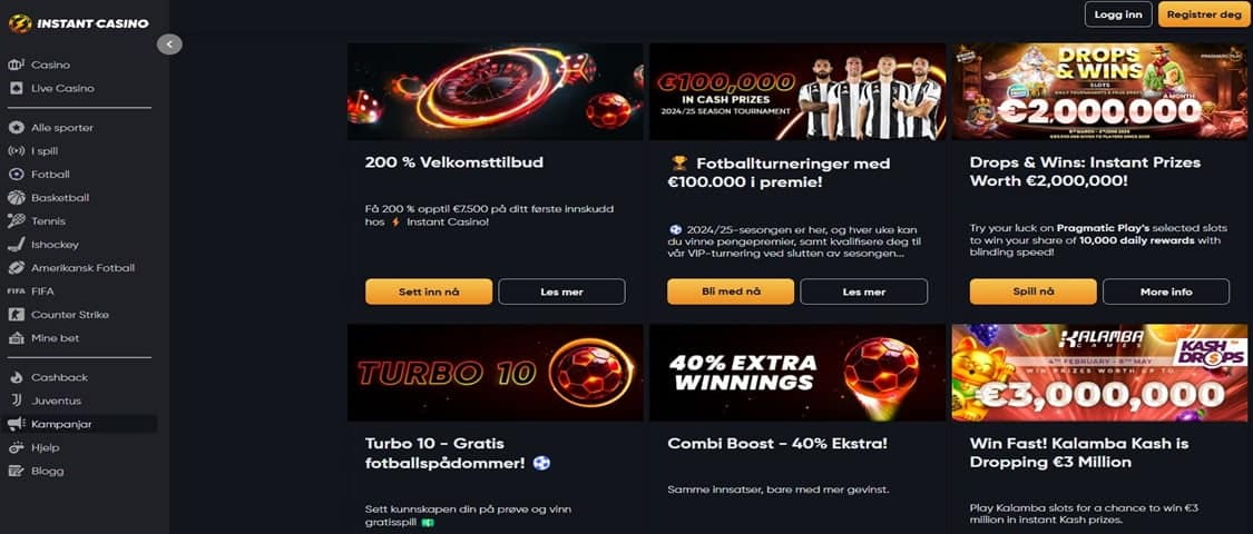 instant casino betting bonus på 200 % opptil 75 000 kr