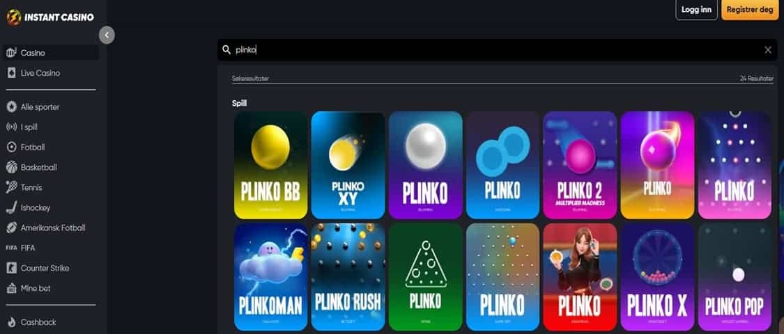 viser komplett utvalg av Plinko spill på instant casino