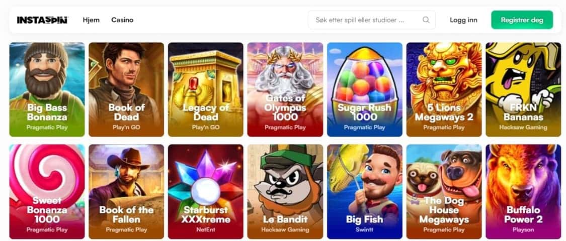 viser spillutvalget på instaspin