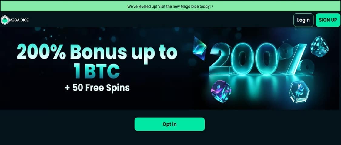 mega dice betting bonus på 200 % opptil 1BTC