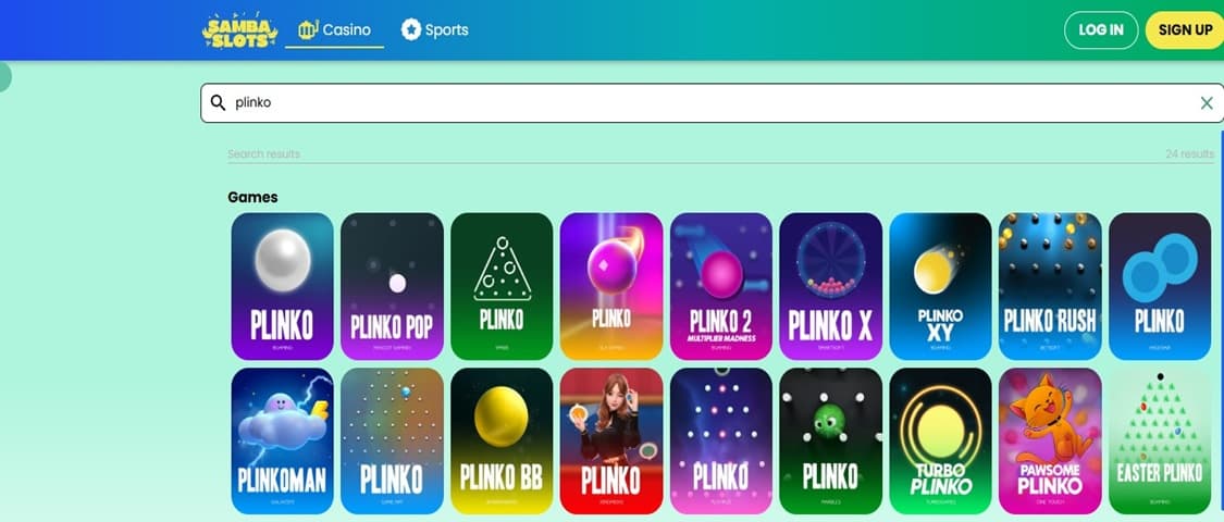 viser komplett utvalg av Plinko spill på samba slots casino