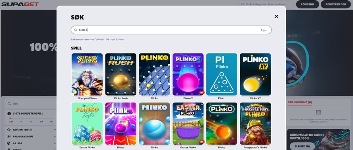 viser komplett utvalg av Plinko spill supabet
