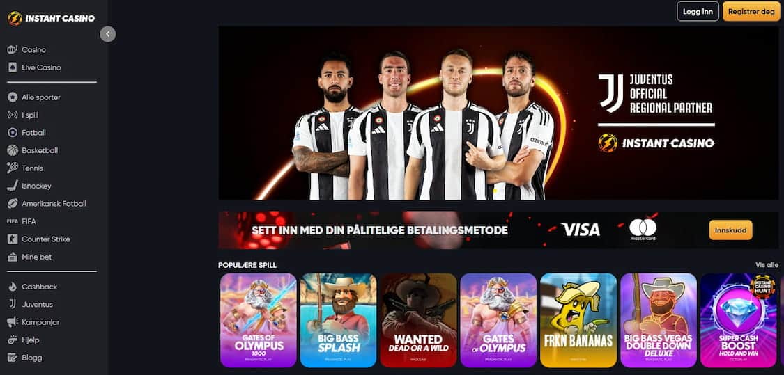 instant casino forside med 200 % innsuddsbonus kampanje