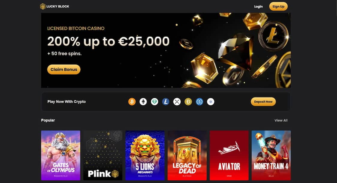 lucky block casino forside som viser spillutvalget og bonuser