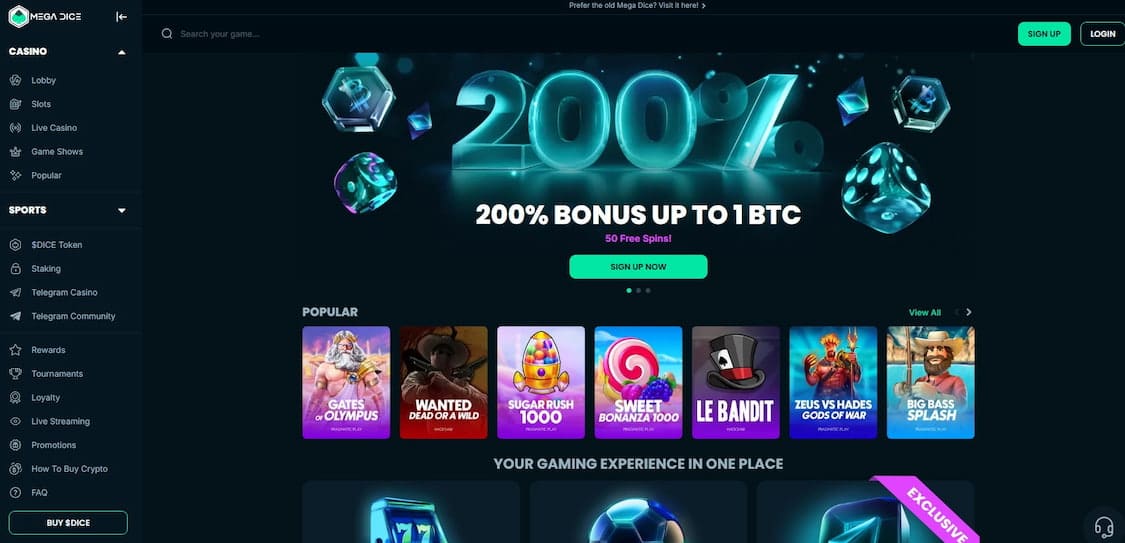 mega dice betting forside med bonuskampanjer og spillutvalg