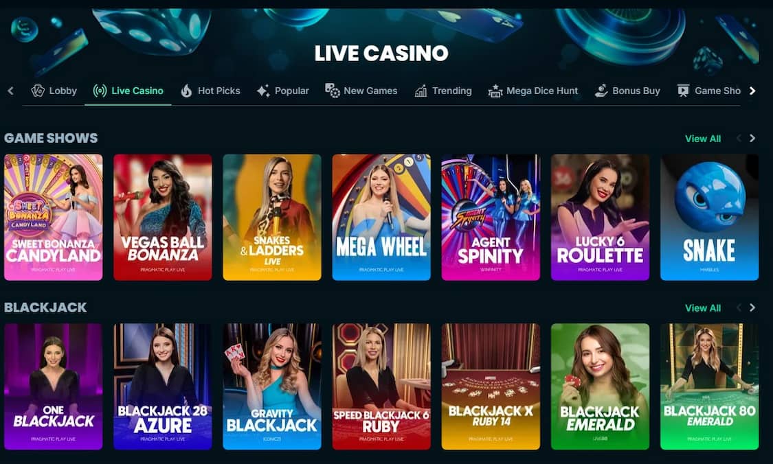 mega dice live casino oversikt over populære spill