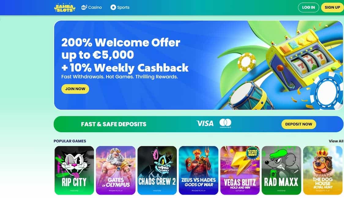 samba slots forside med spillutvalg og bonuskampanjer