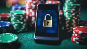 en mobiltelefon med hengelås symbol som indikerer et blokkert casino
