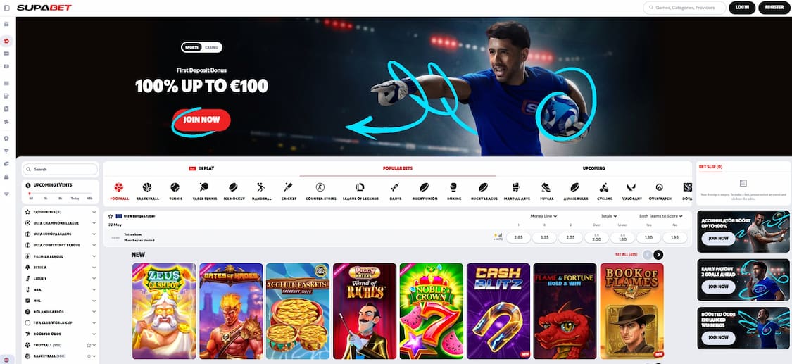 forside til supabet med oversikt over spillutvalg og bonuser