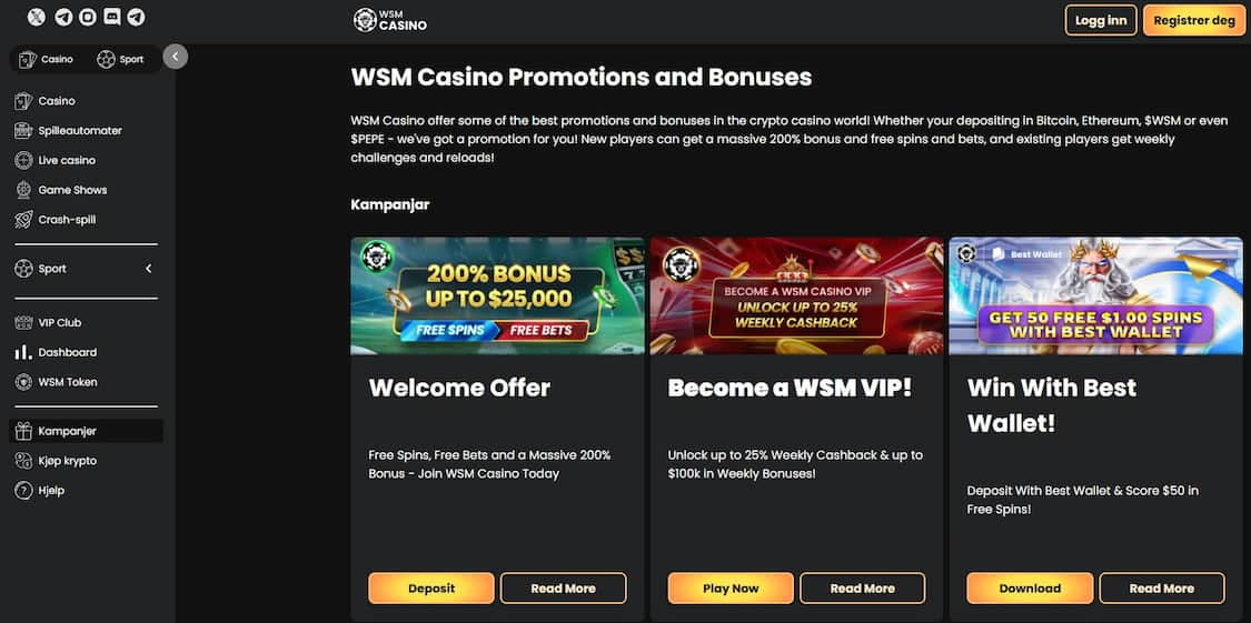 wsm casino bonuser tilgjengelig for norske spillere 2025