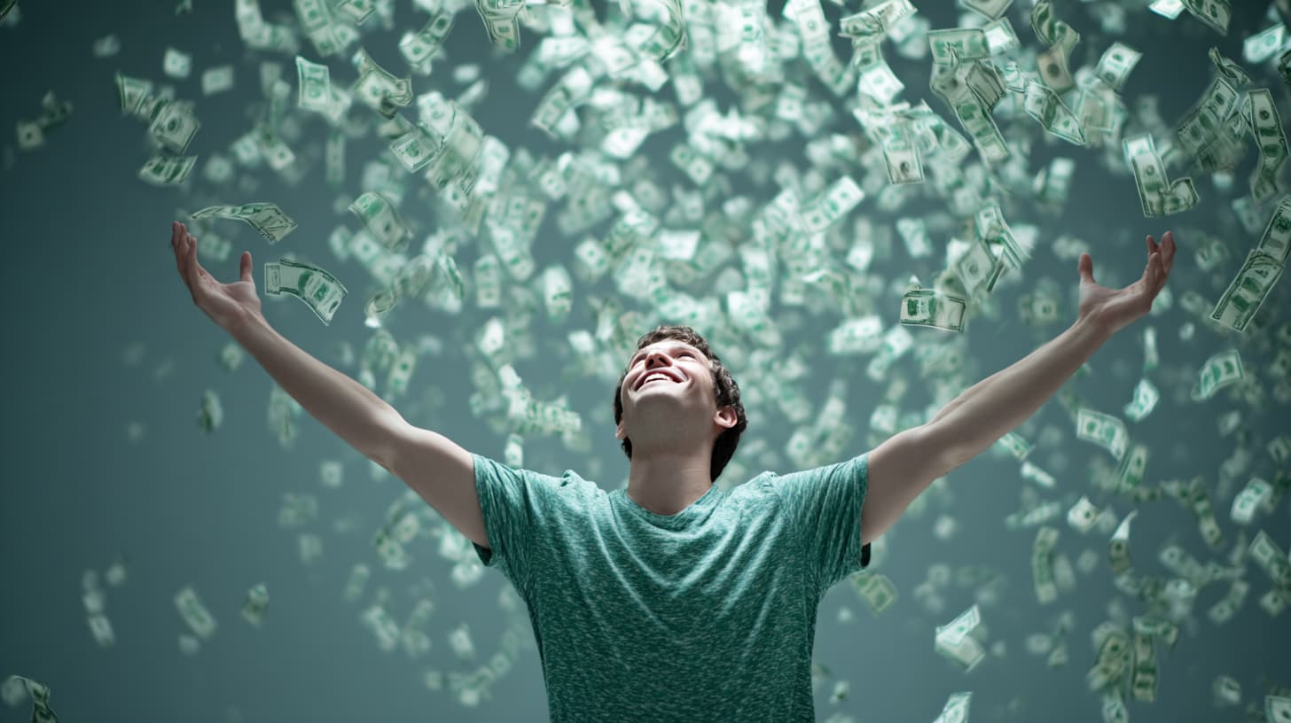 mann som vinner jackpot i et lotteri