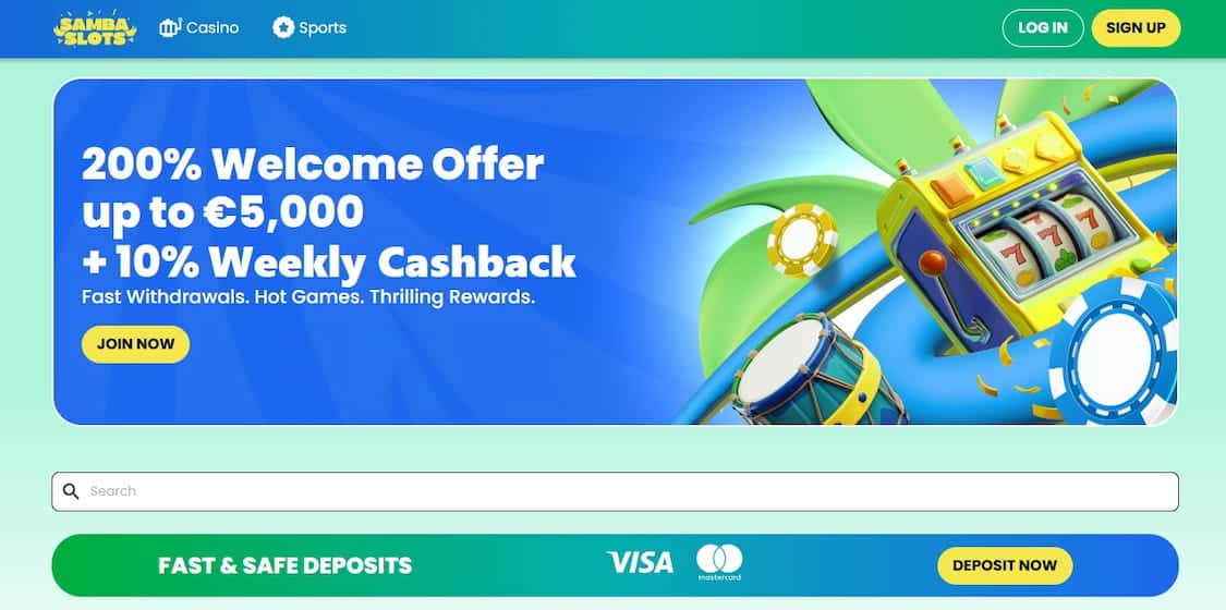 samba slots forside med oversikt over betalingsmetoder