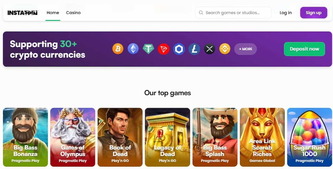 Instaspin casino forside med spillutvalg