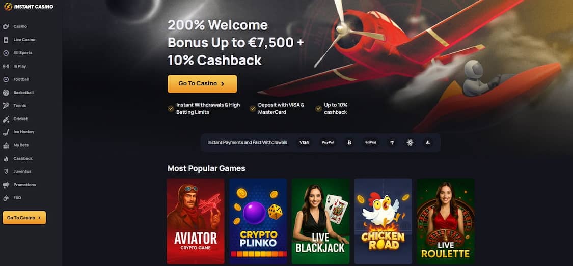 instant casino forside med spilloversikt