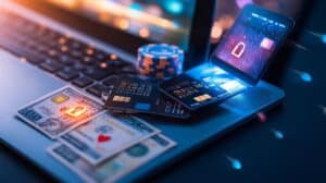 penger, casino sjetonger og annet på mobil og dataskjerm med lås og penger