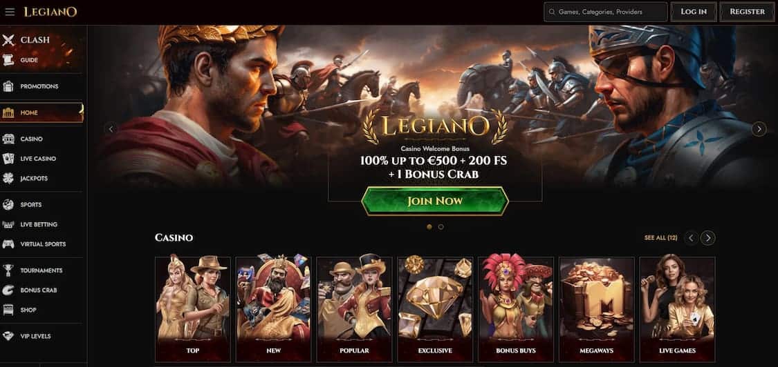 legiano casino forside med stor velkomstbonus og free spins