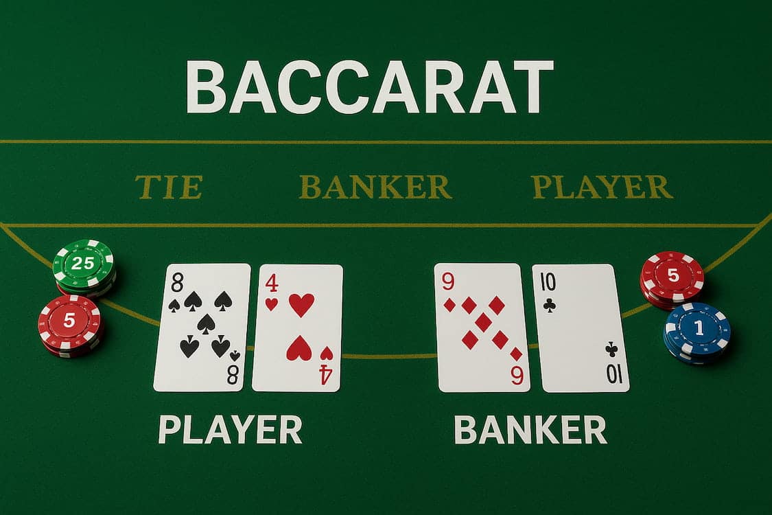 Baccarat bord, kort og sjetonger i hovedbildet