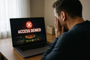 Mann ved en PC som ikke får tilgang til sitt casino