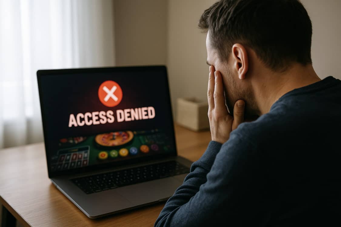 Mann ved en PC som ikke får tilgang til sitt casino