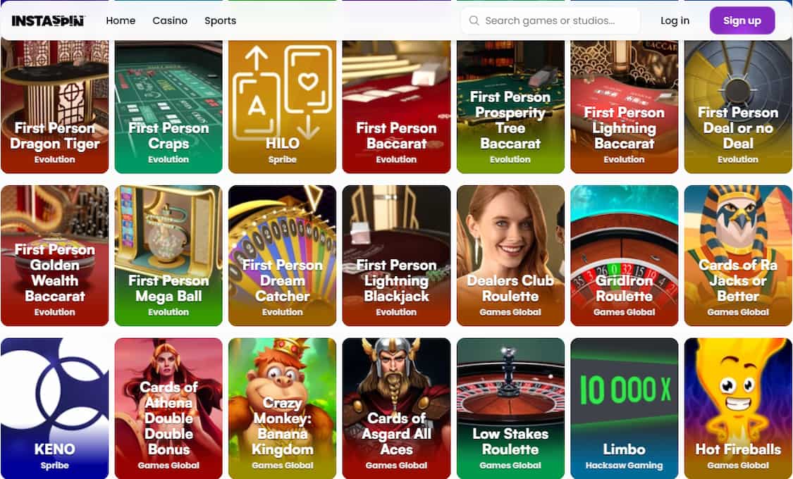 instaspin utvalg av bordspill