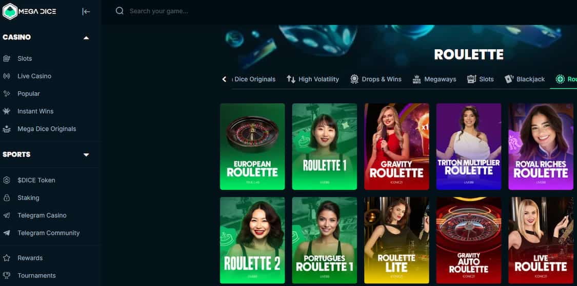 mega dice roulette utvalg