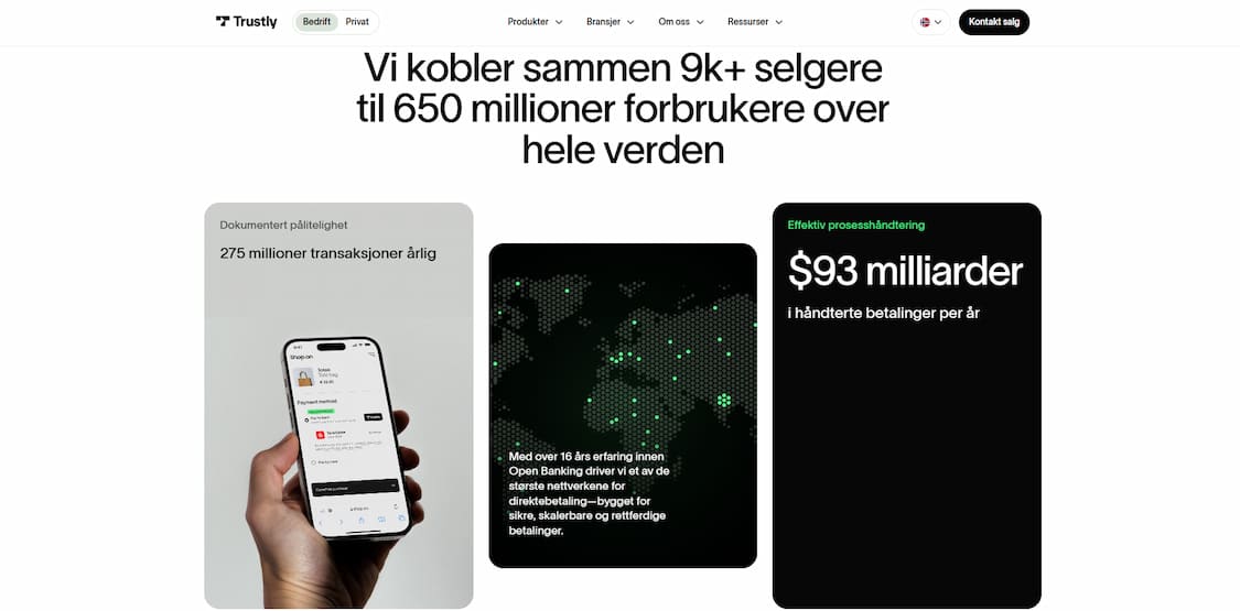 trustly forside som viser 275 millioner transaksjoner årlig