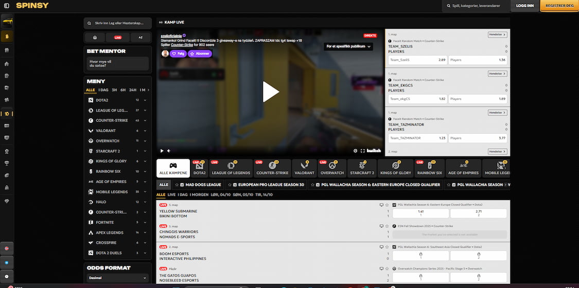 spinsy casino esport og live betting