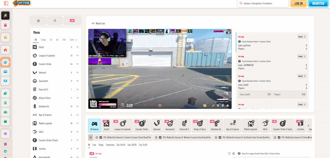 wyns casino esport seksjon med live streaming