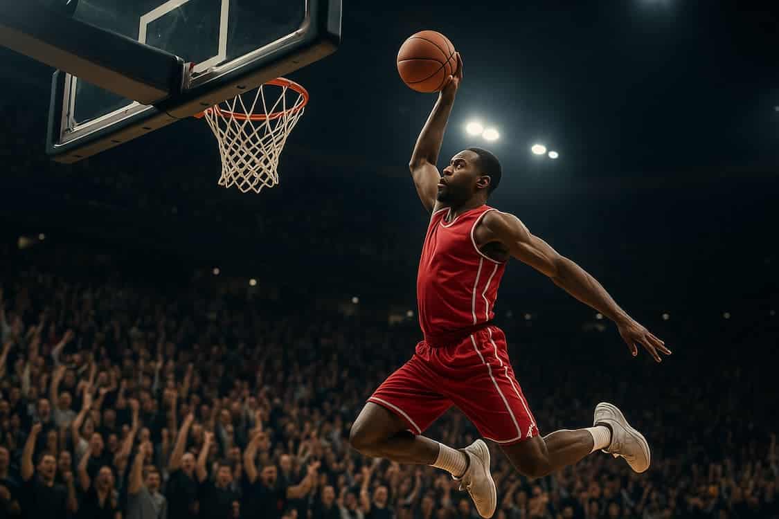 basketball spiller som slam dunker ballen i kurven