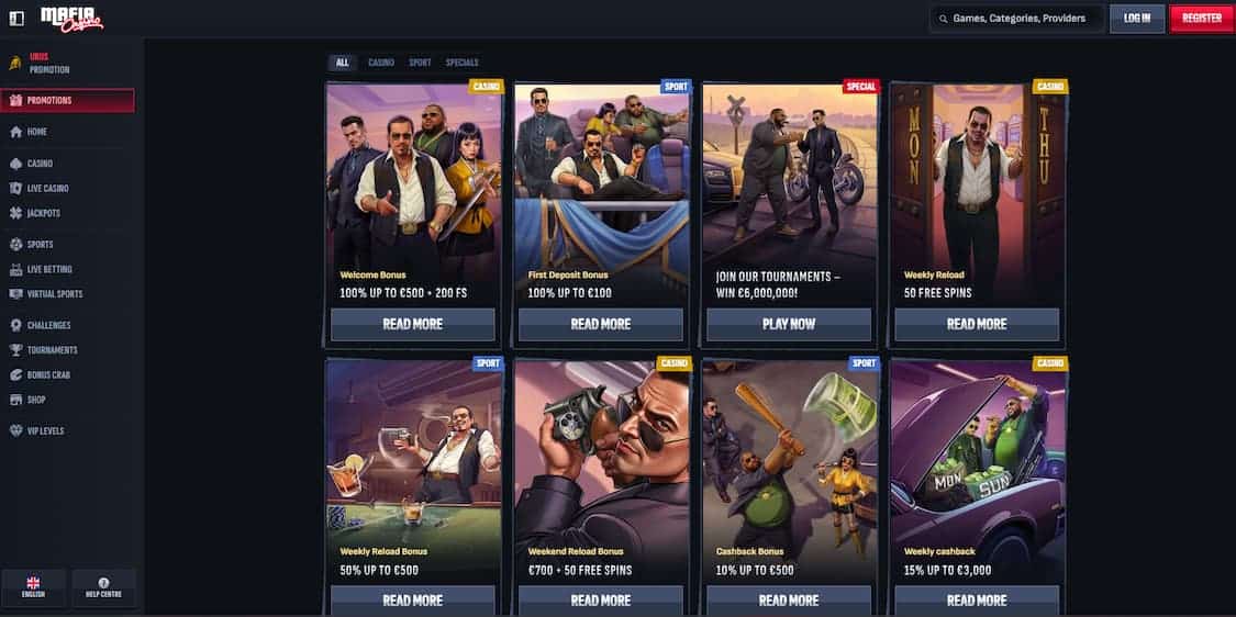 mafia bonus oversikt på casino og sport