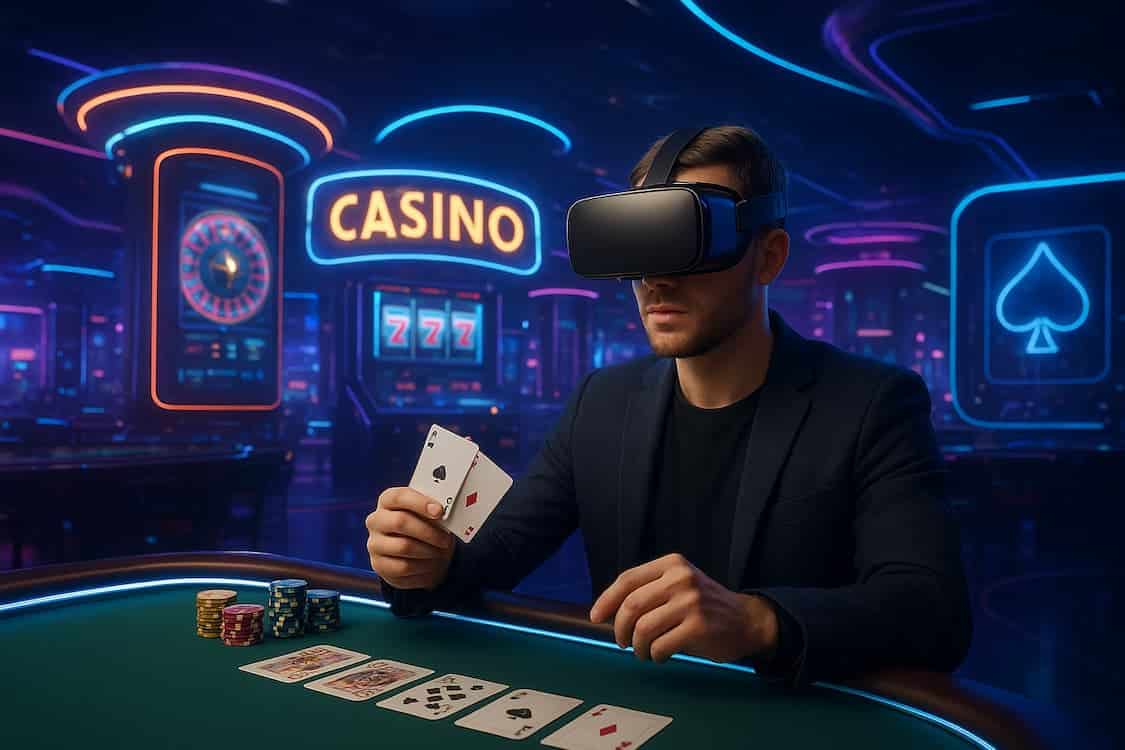 mann som spiller med VR headset på metaverse casino