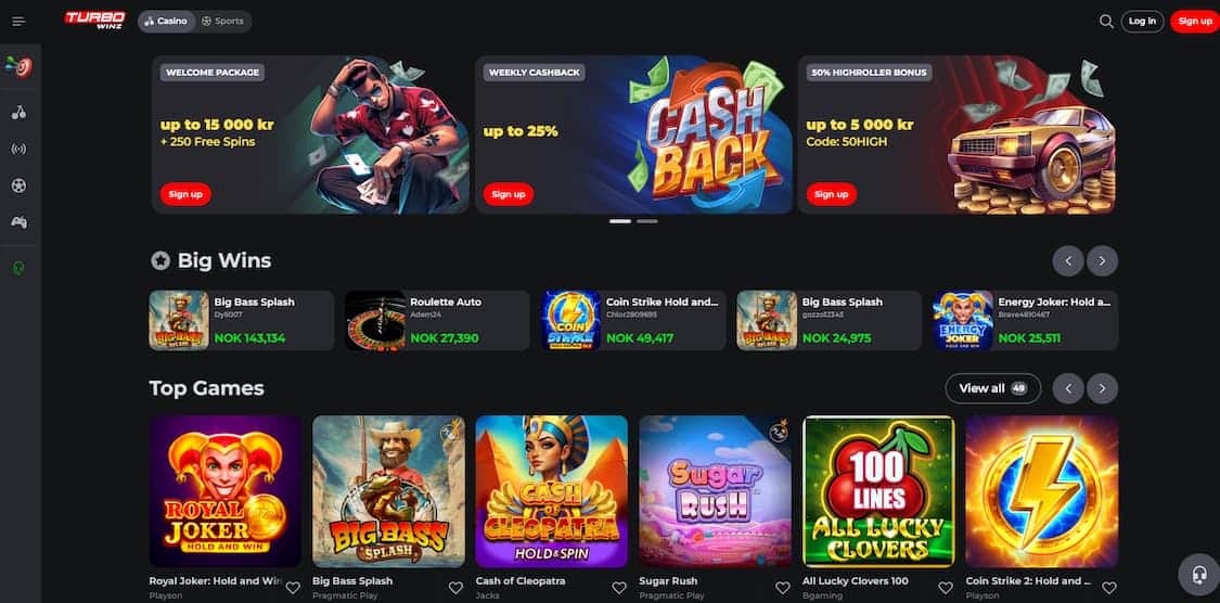 turbowinz spilloversikt på forsiden